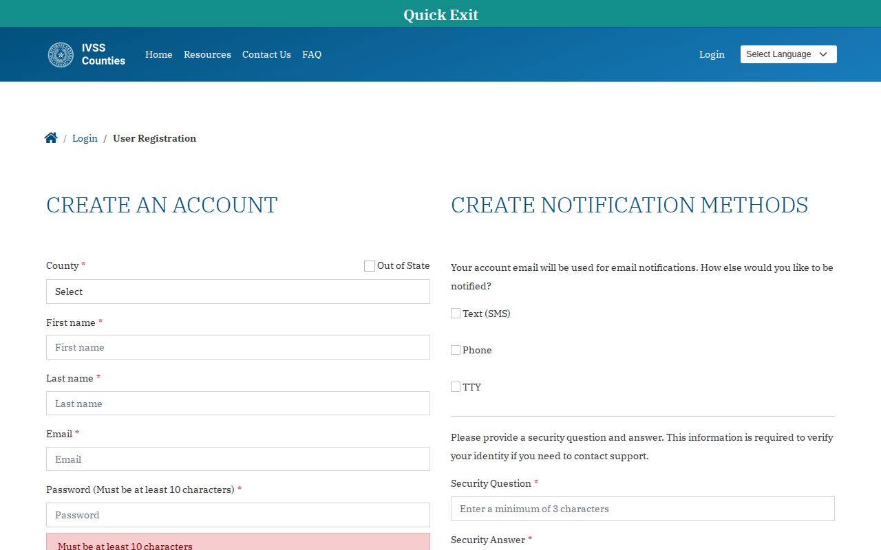 Texas IVSS-Counties notification registration screen